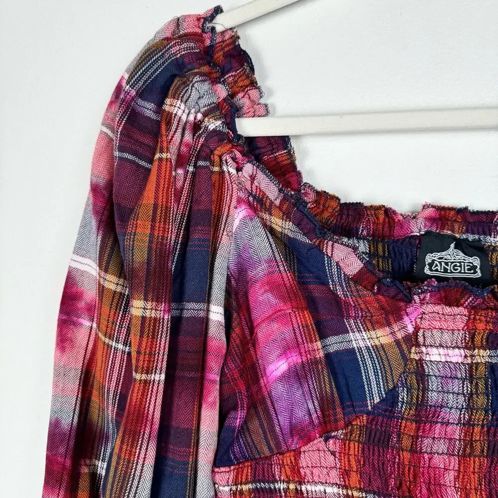 Angie Plaid Flannel Long Sleeve Dress Ruffle Hem Bleach Effect Size S Smocked